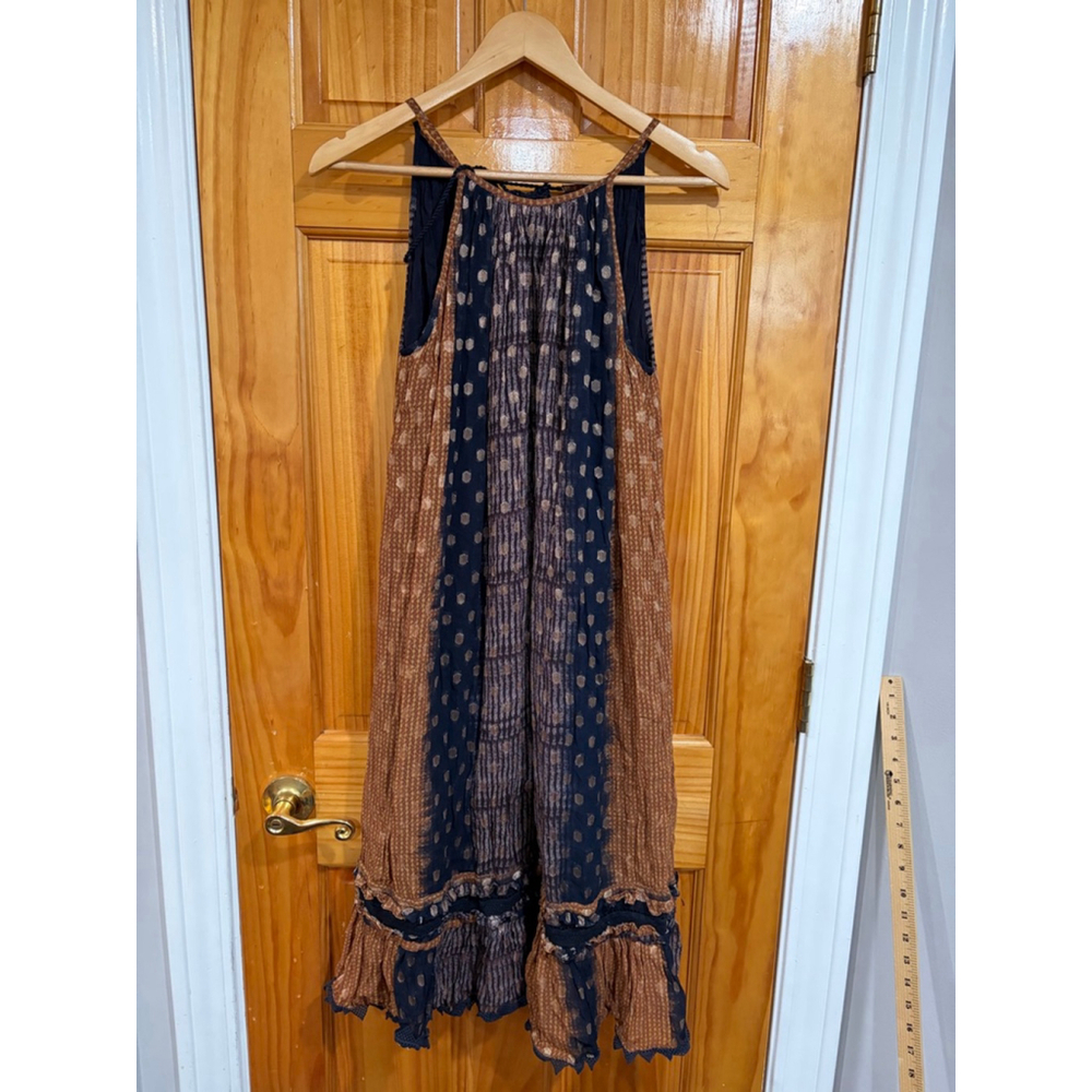TRYB by Joie Metallic Dot Maxi Dress XS Boho Halter Tie Tassel Navy Bronze